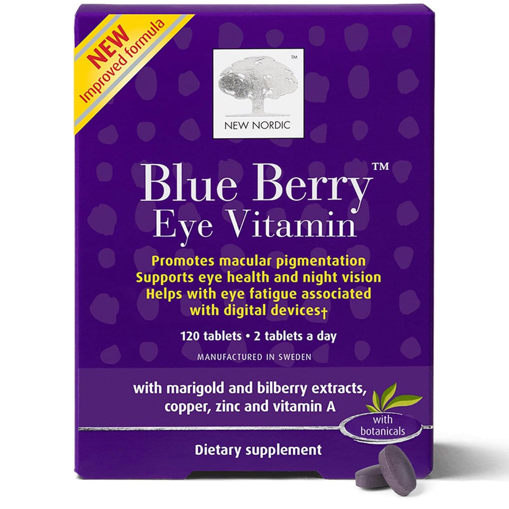 NEW NORDIC Blue Berry Eye Vitamin bottle pour highlights easy daily use for eye support