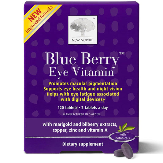 Bottle label of NEW NORDIC Blue Berry Eye Vitamin Lutein Supplement