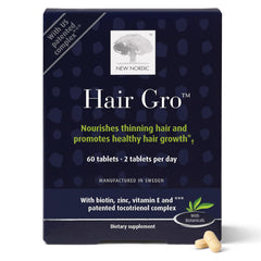 NEW NORDIC Hair GRO bottle front with vegan formula supporting natural hair growth.