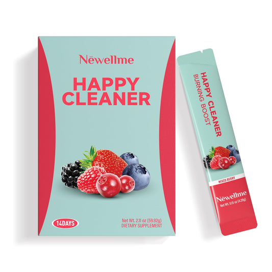 Front view of NEWELLME Happy Cleaner Berry Super Greens powder tub