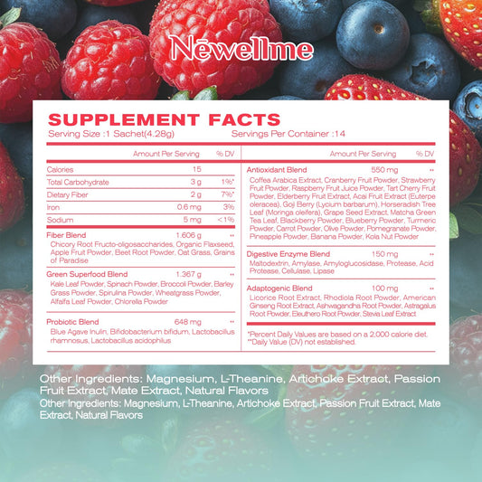 Sachets of NEWELLME Berry flavor Super Greens powder for daily use