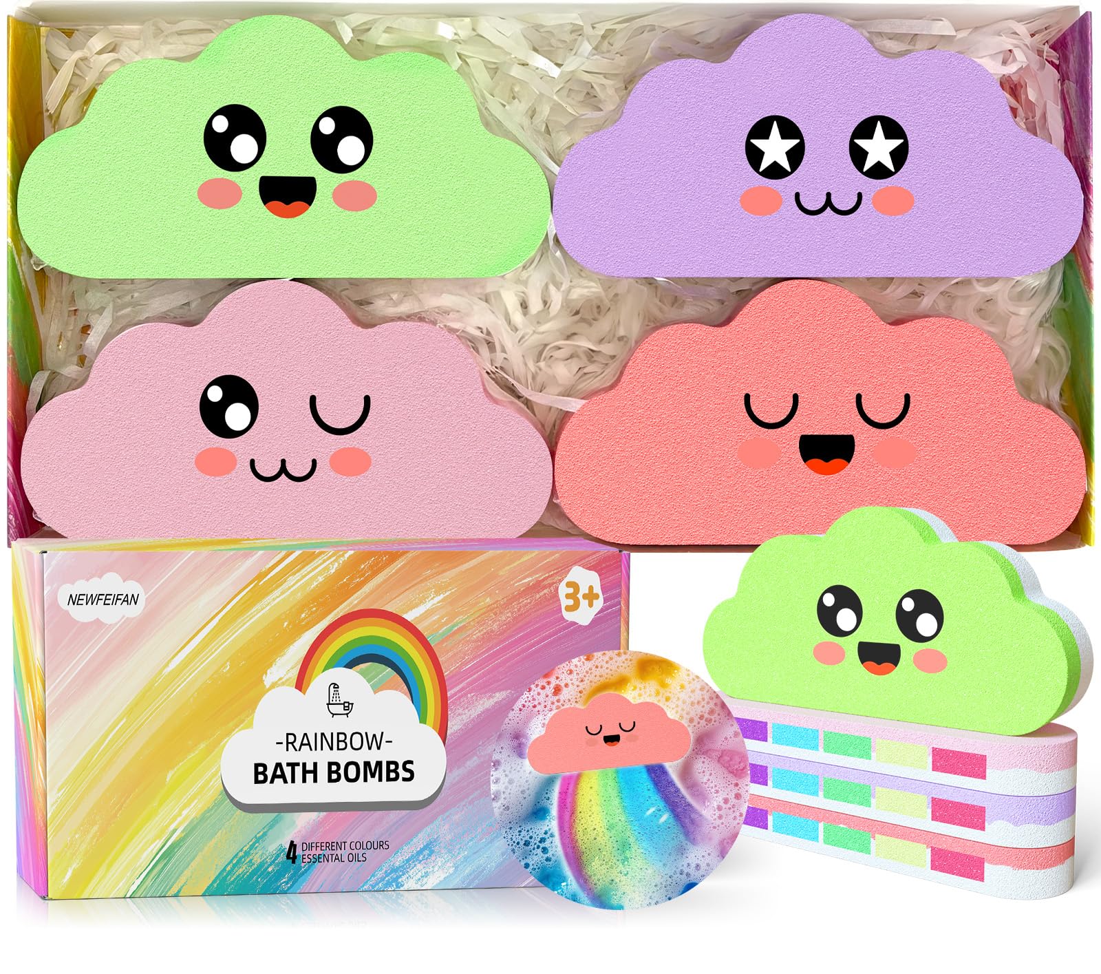 NEWFEIFAN rainbow bath bombs kids set with vibrant fizz and safe ingredients.