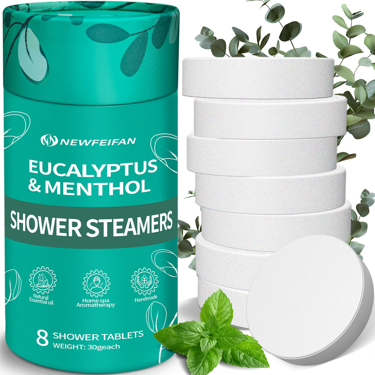 NEWFEIFAN eight-pack shower steamers boxed for birthdays with spa-like aromatherapy.