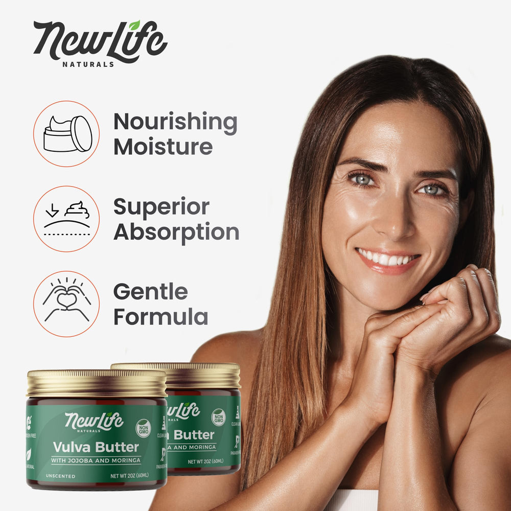 NewLife Naturals JButter Balm being applied illustrates daily intimate care routine.