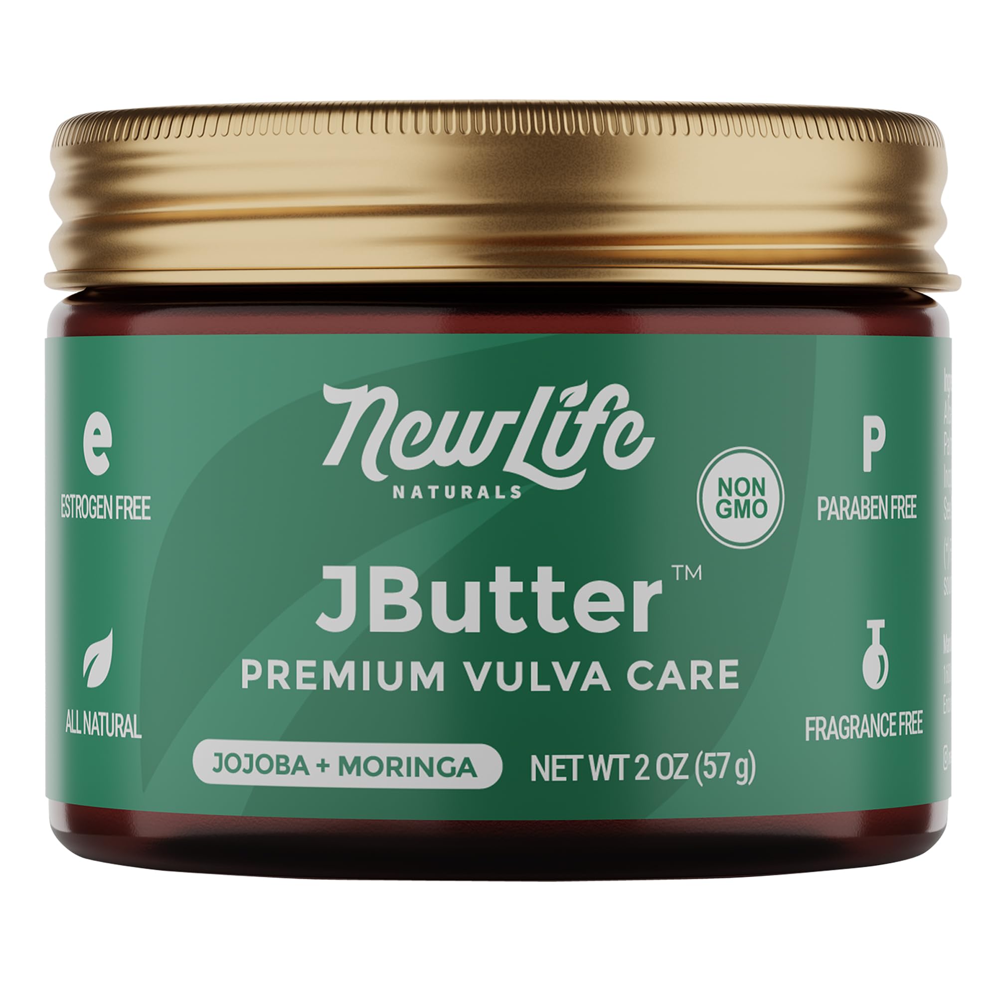 NewLife Naturals JButter Balm jar closeup shows a rich texture for intimate moisture.