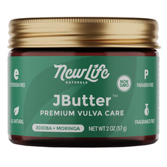 NewLife Naturals JButter Balm jar closeup shows a rich texture for intimate moisture.