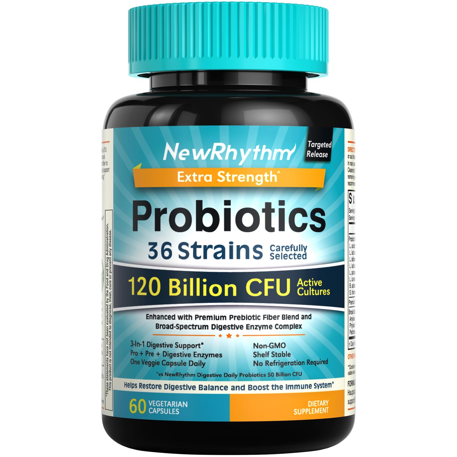 NewRhythm Probiotics 120 Billion CFU bottle with 36 strains