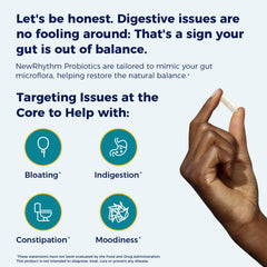 NewRhythm Probiotics label close-up with strains and features.
