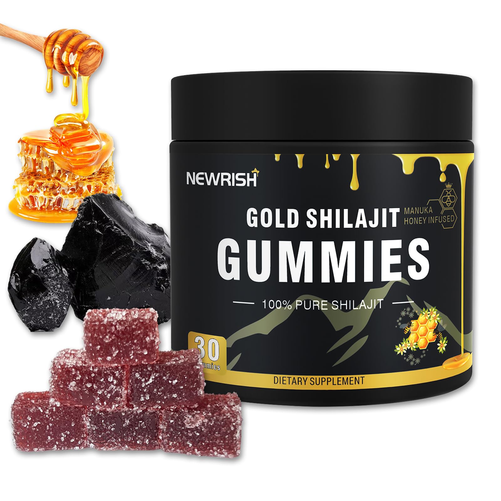 Hero shot of Newrish Shilajit Gummies with Manuka Honey, 30 gummies