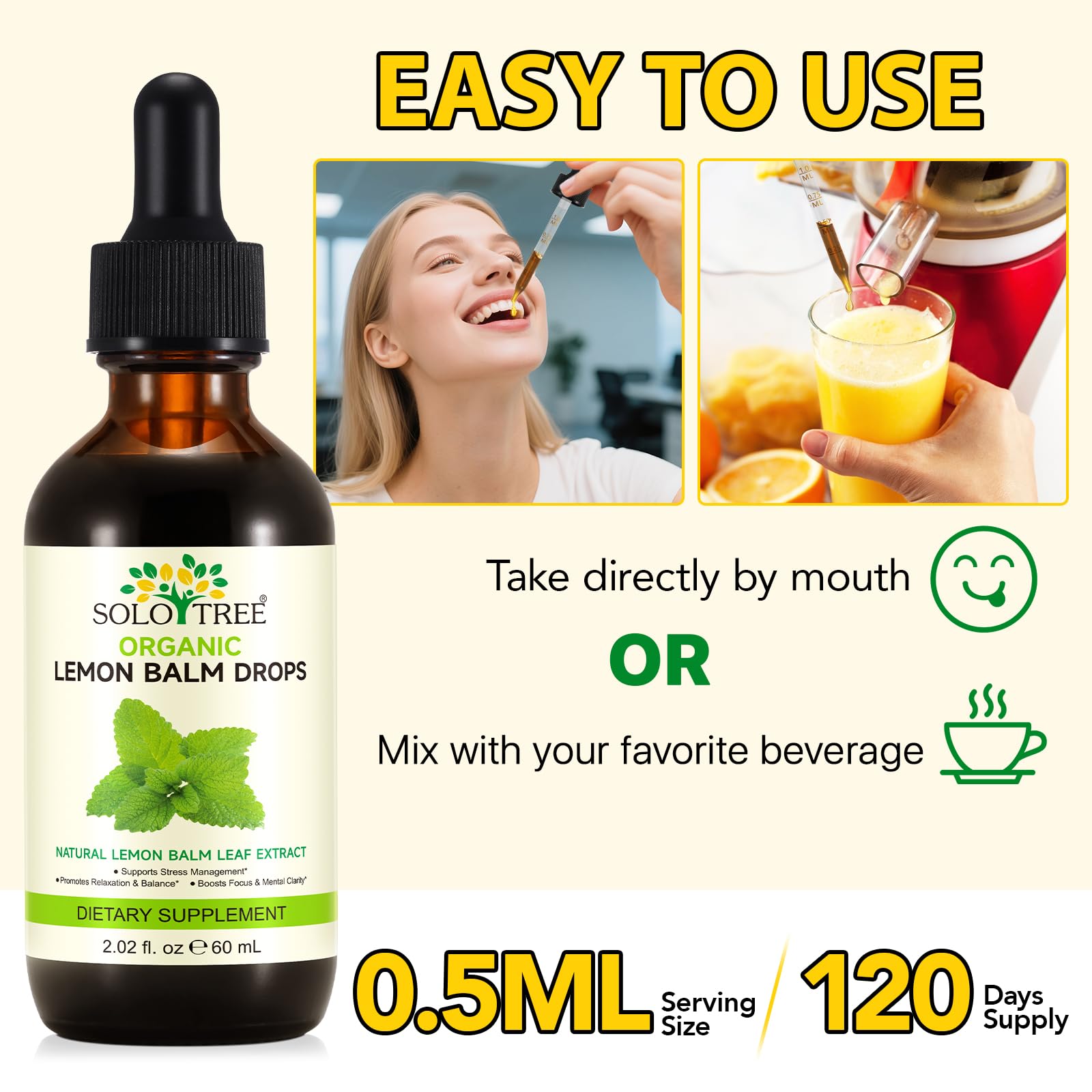 Lemon balm drops being taken with a beverage