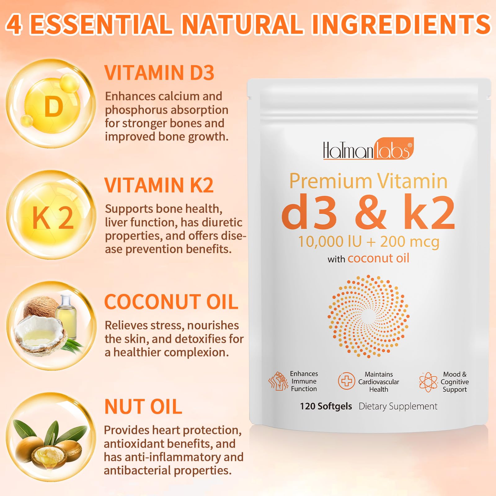 Close-up of coconut oil softgels and D3 K2 capsules