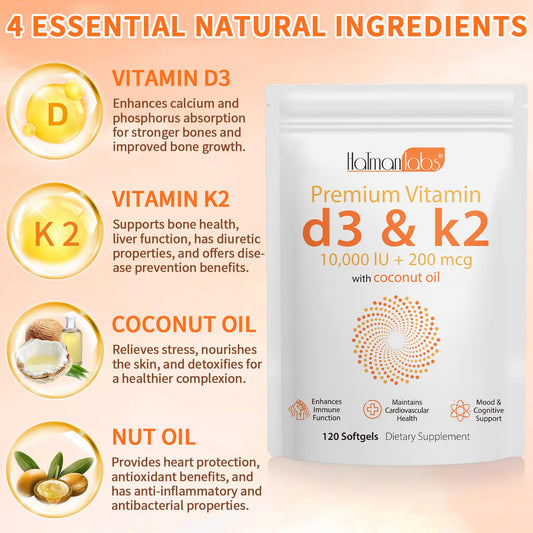 Close-up of coconut oil softgels and D3 K2 capsules