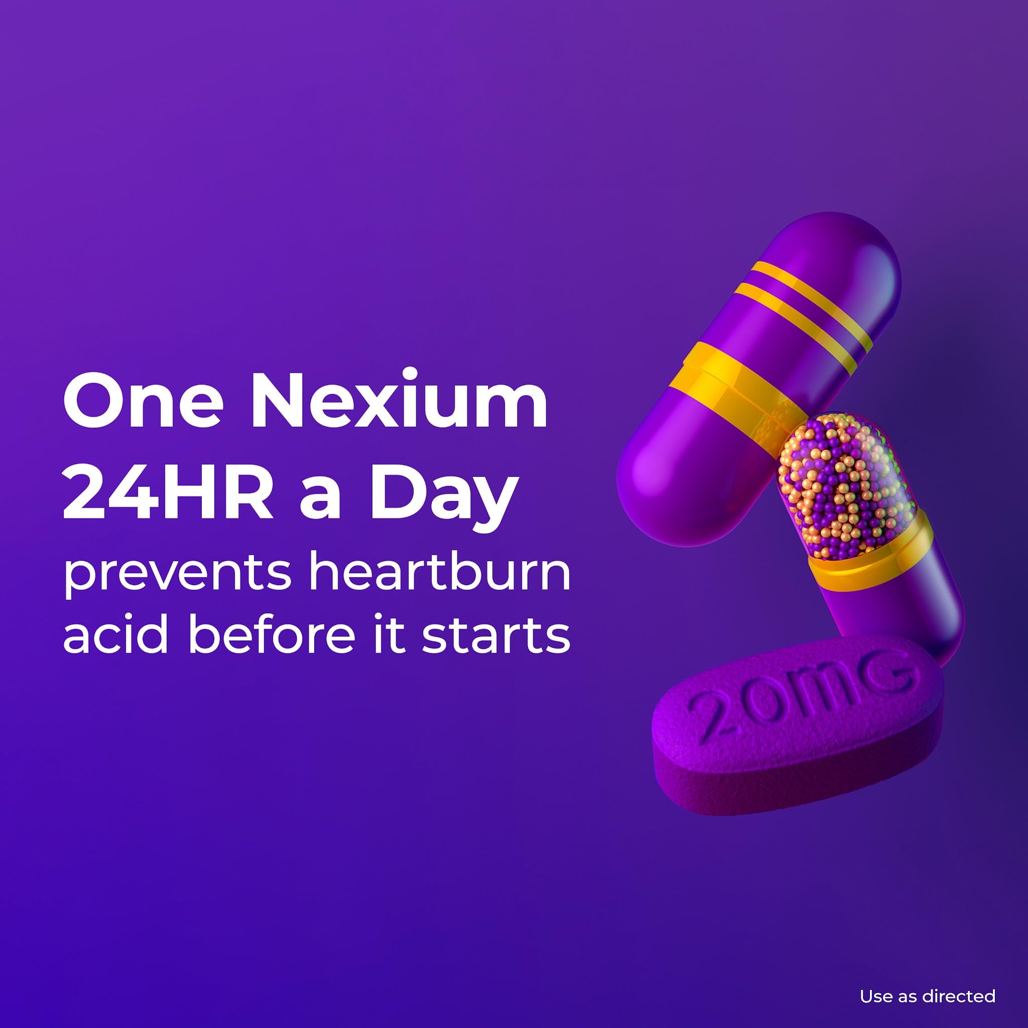 Nexium 24HR capsules closeup easy-to-swallow for relief