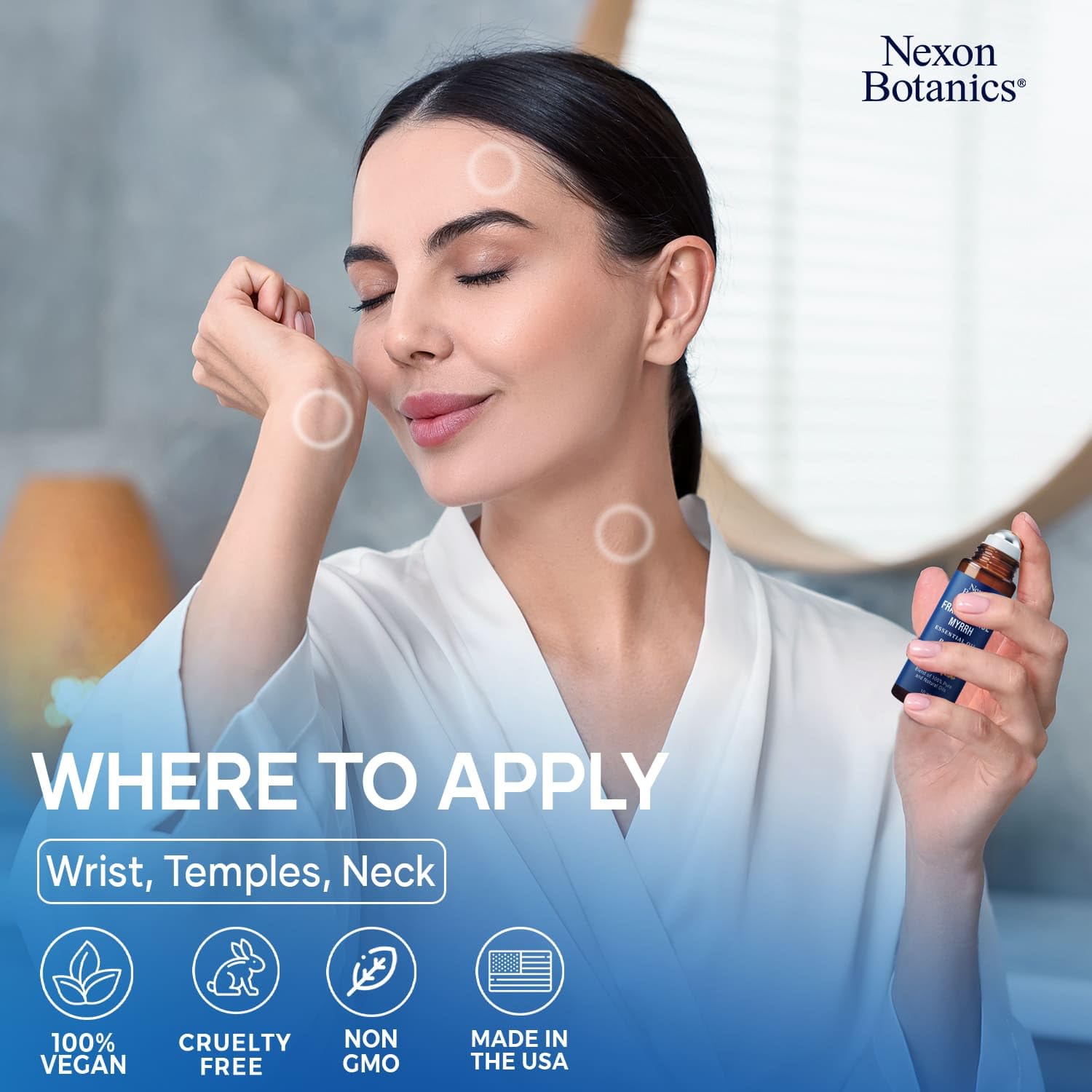 Nexon Botanics branding on 10ml Frankincense & Myrrh roll-on