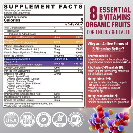 Close-up of colorful vegan B-complex gummies