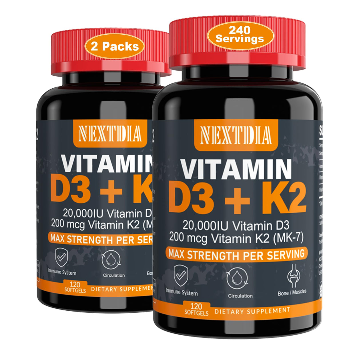 Nextdia Vitamin D3 20,000 IU + K2 MK-7 bottle front view