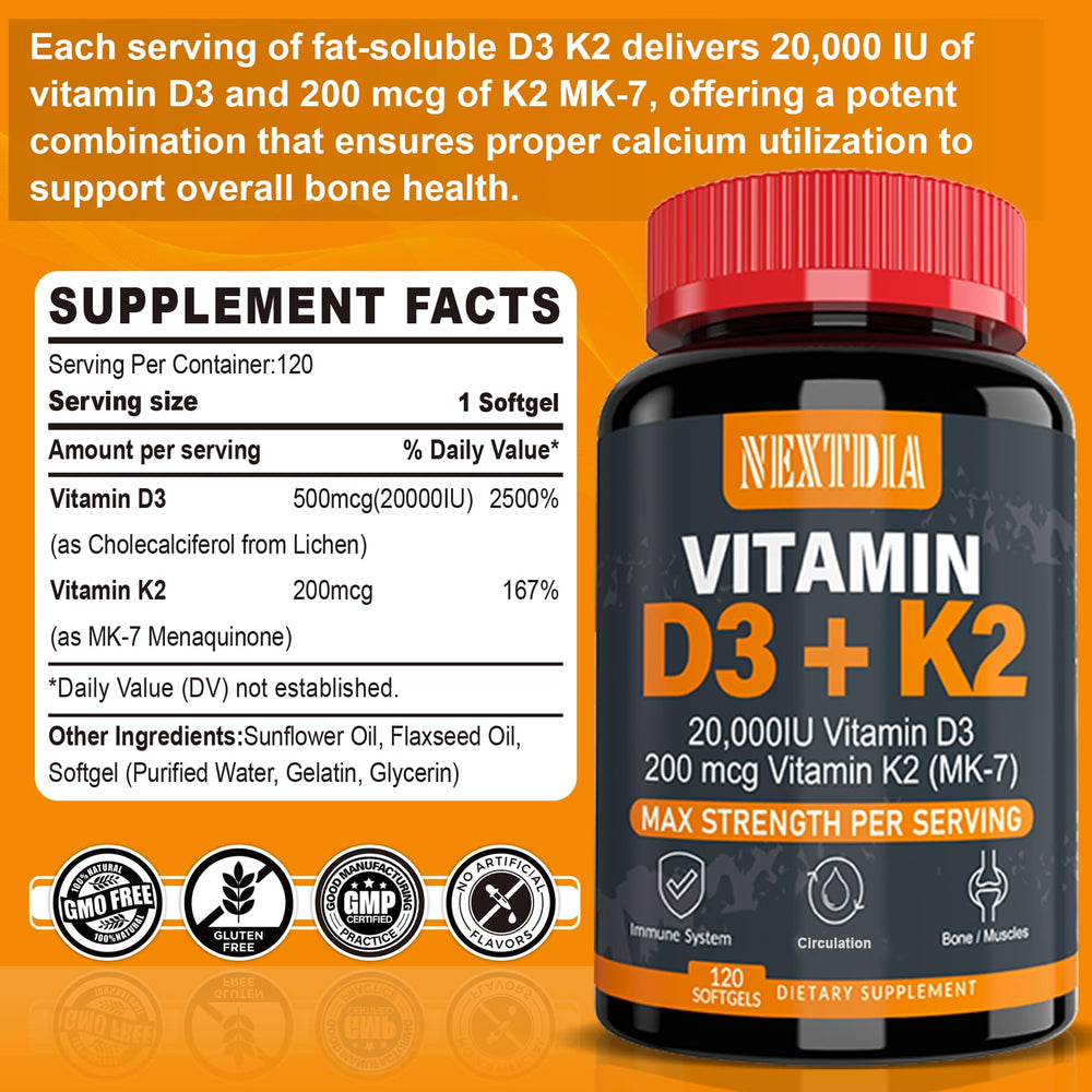 Nextdia Vitamin D3 + K2 bottle back label with supplement facts