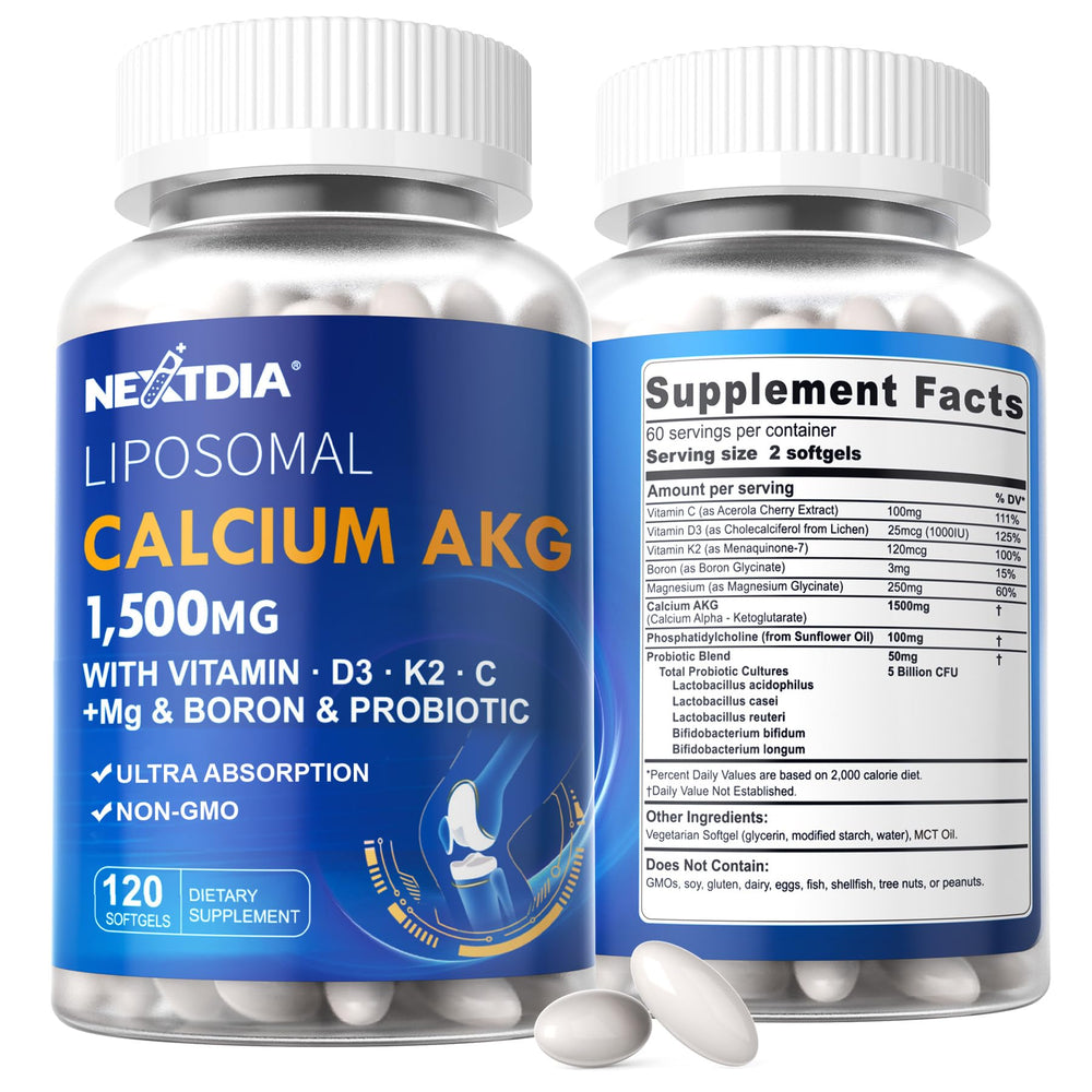 Nextdia Liposomal Calcium AKG bottle front view supports daily bone health.