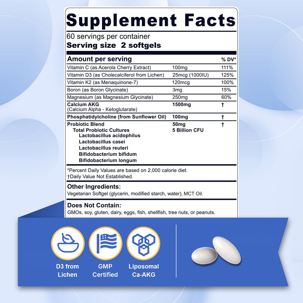 Nextdia Liposomal Calcium AKG bottle label highlights D3, K2, and probiotic blend for absorption.