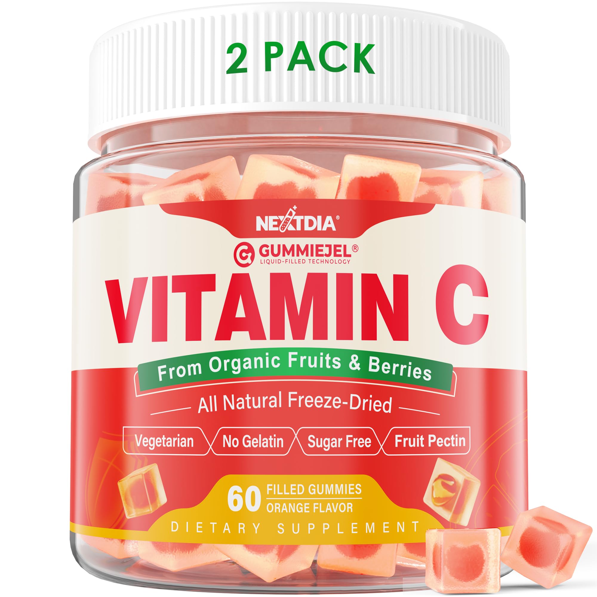 Nextdia organic vitamin C gummies 2-pack bottle for daily immune support and convenience.