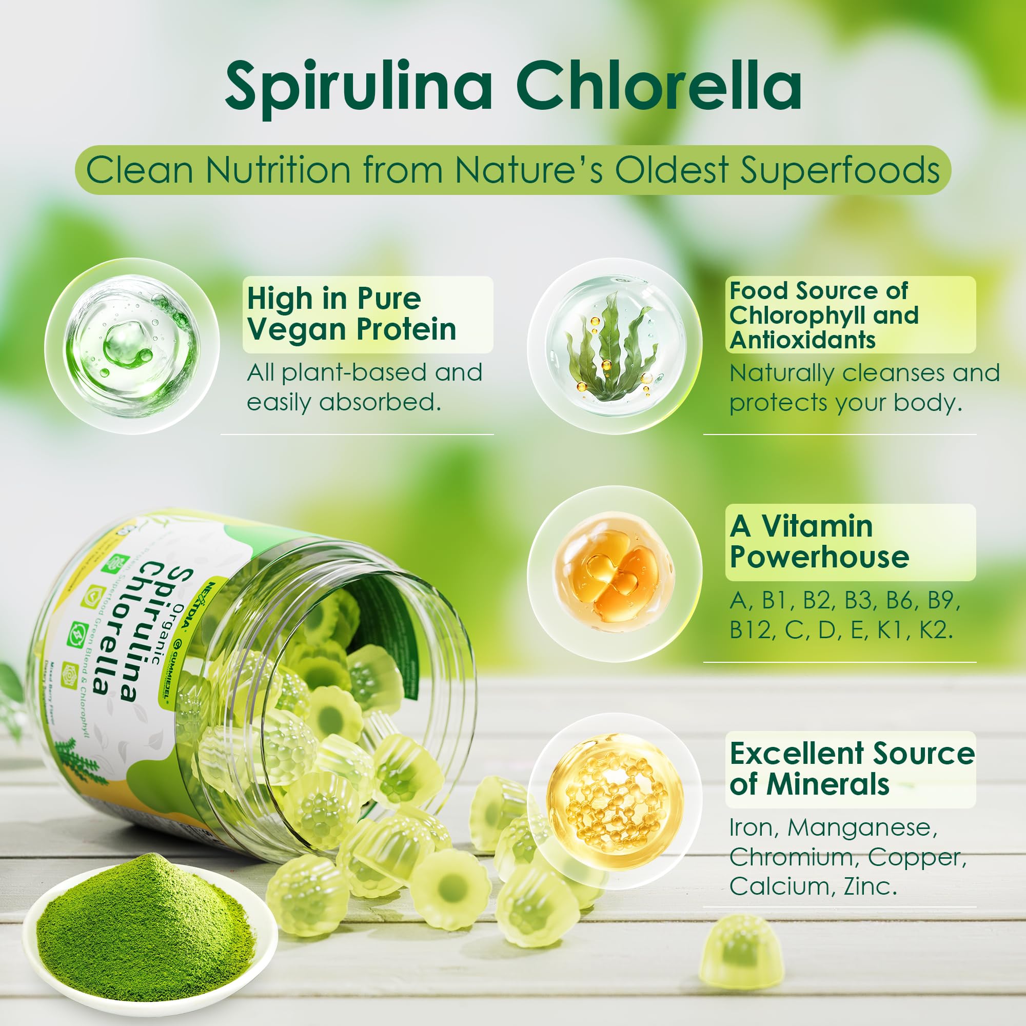 Nextdia gummies highlight a Supergreens blend with greens and berries.