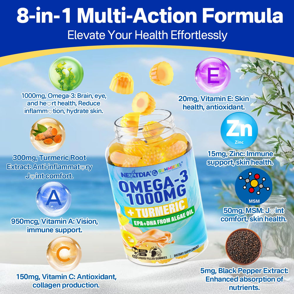 Nextdia mango-flavored omega-3 gummies arranged beside a glass of water