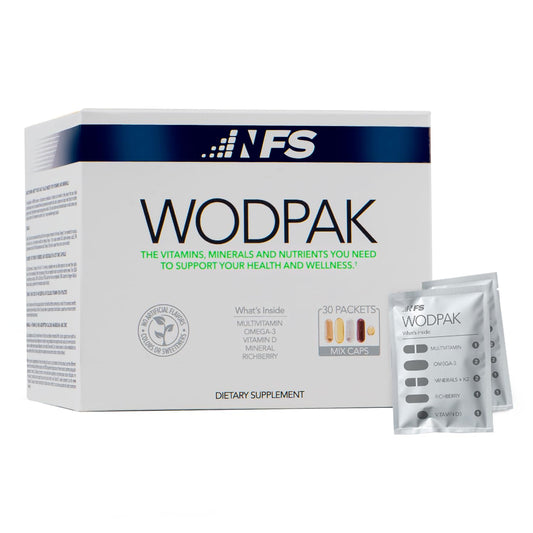 NF Sports WodPak berry-flavored daily multivitamin bottle with single-serve packets