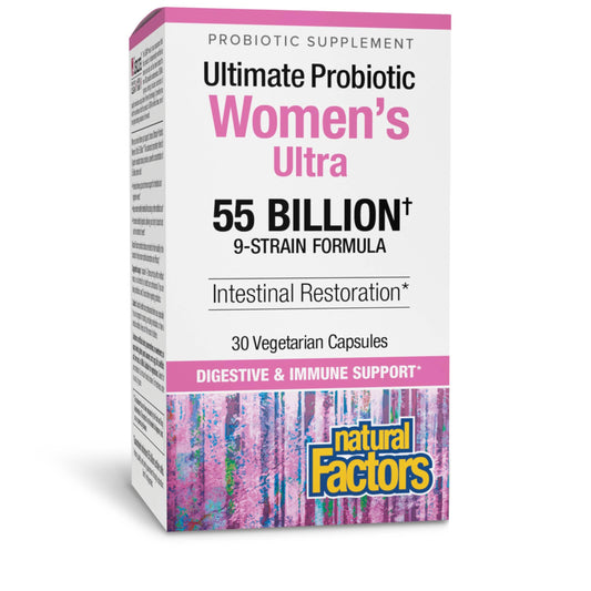 Bottle of Natural Factors Ultimate Probiotic Women's Ultra 55 Billion, 30 vegetarian capsules