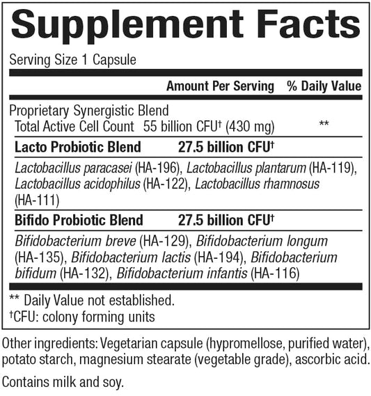 Close-up of the Natural Factors Ultimate Probiotic Women's Ultra 55 Billion bottle label