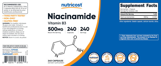 Close-up of Niacinamide 500mg capsules
