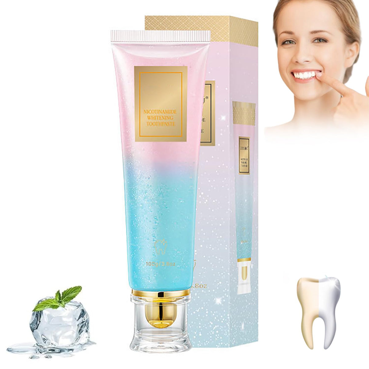 Front view of Niacinamide Toothpaste tube with mint leaves
