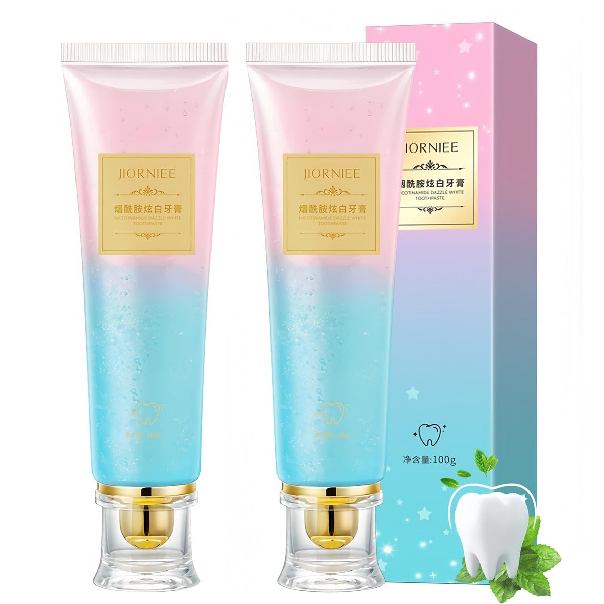 Two-pack Niacinamide Whitening Toothpaste tubes on white background