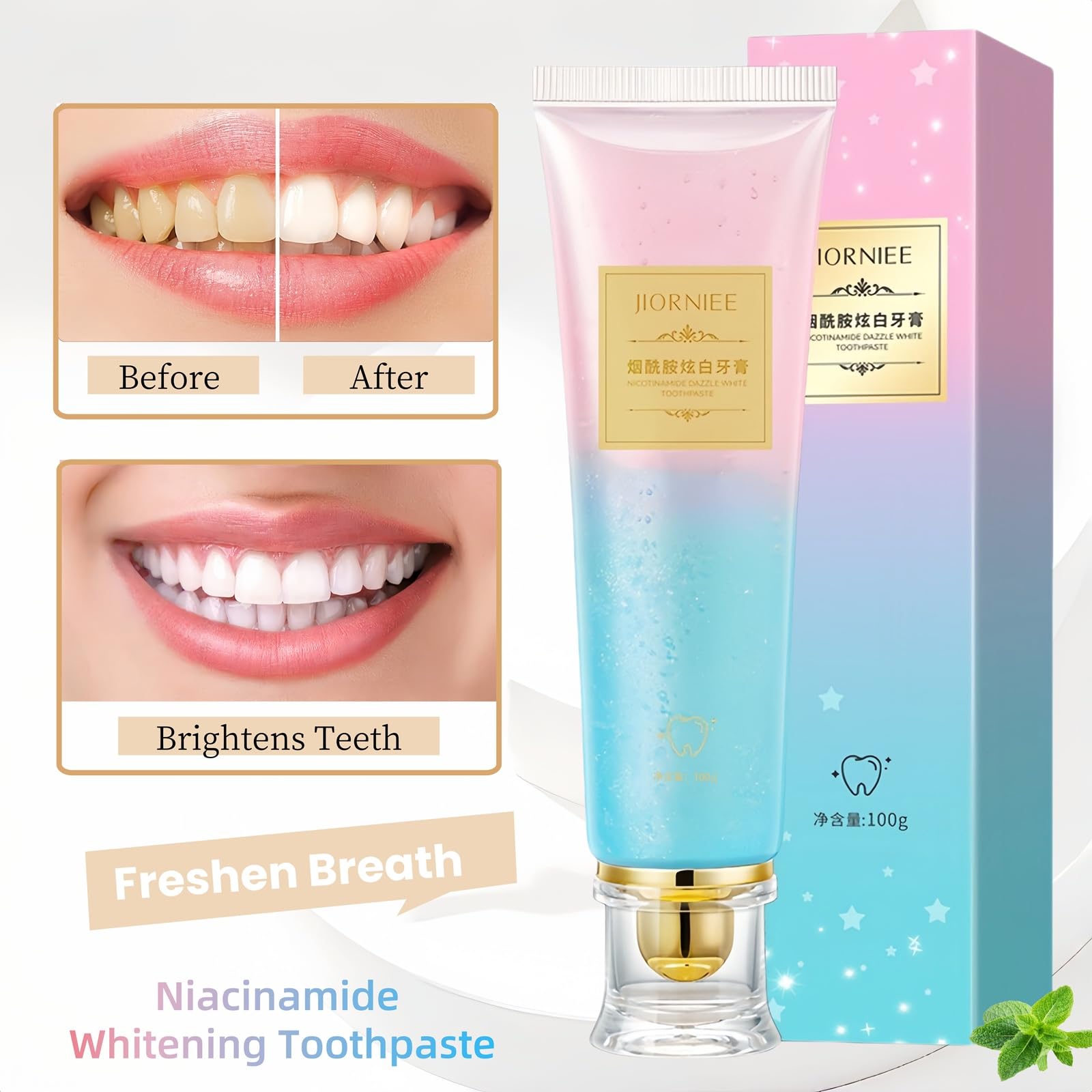 Close-up of Niacinamide Whitening Toothpaste label highlighting whitening formula