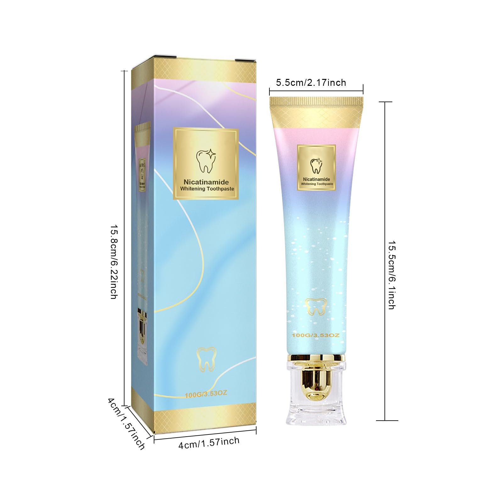 Product packaging showcasing Niacinamide toothpaste and peach flavor