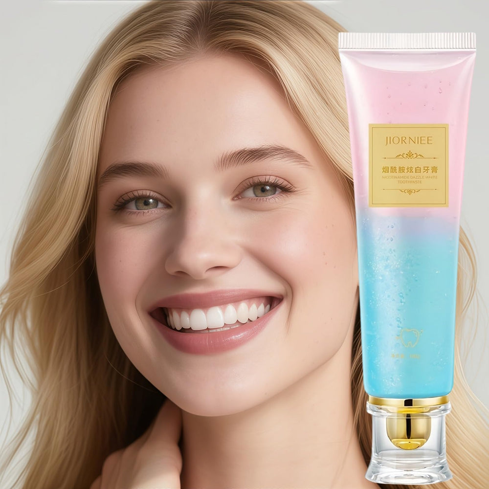 Smiling person using Niacinamide Whitening Toothpaste