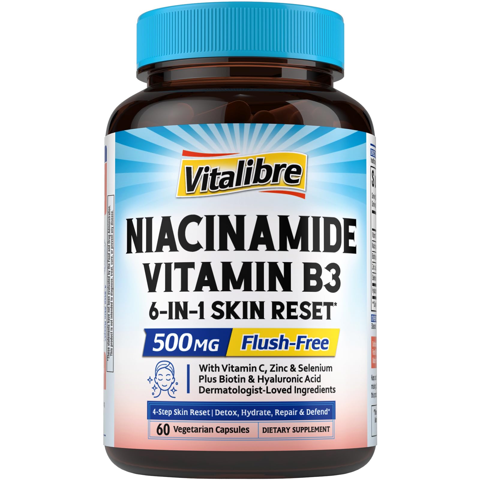 Product bottle label of Niacinamide Vitamin B3 500mg No-Flush Niacin supplement