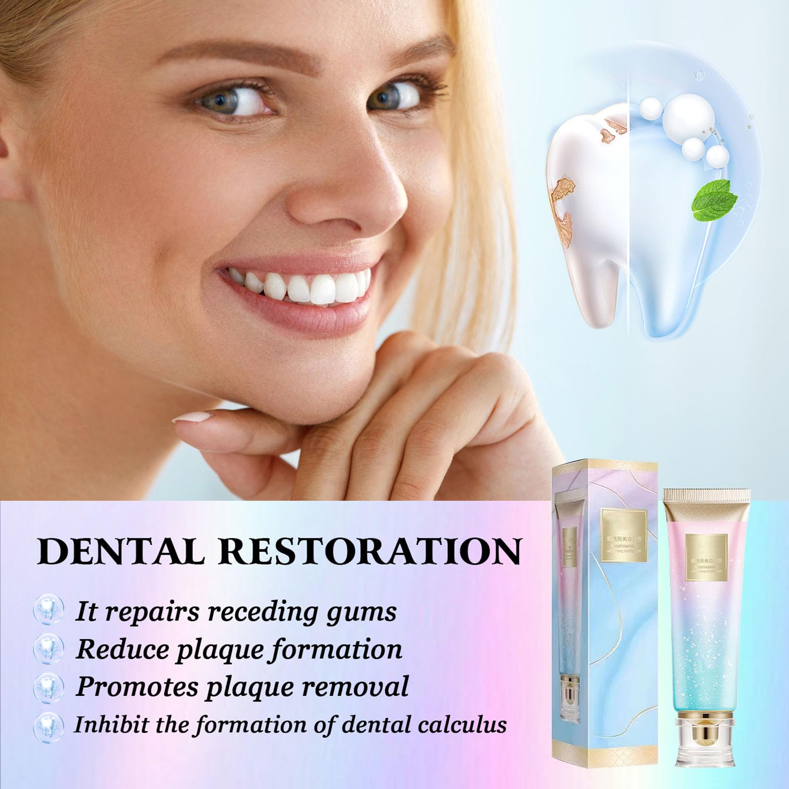 Close-up of Niacinamide toothpaste repairing and protecting teeth