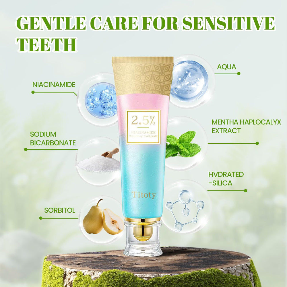 Label showing 2.5% Niacinamide on toothpaste