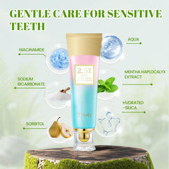 Label showing 2.5% Niacinamide on toothpaste
