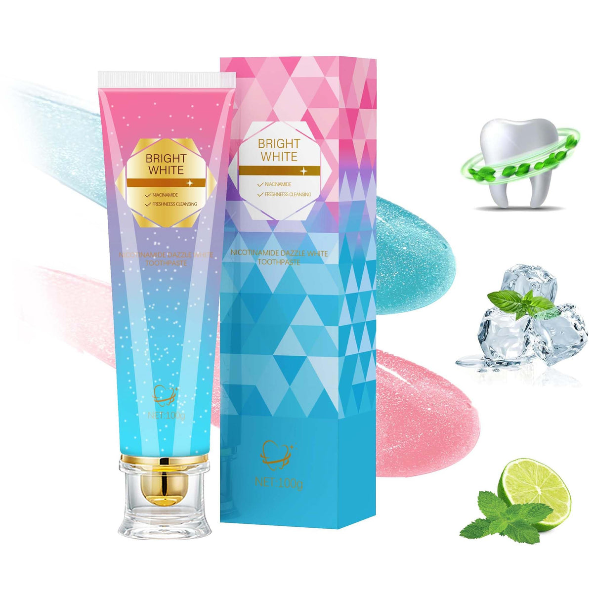 Niacinamide Whitening Toothpaste bottle with mint illustration