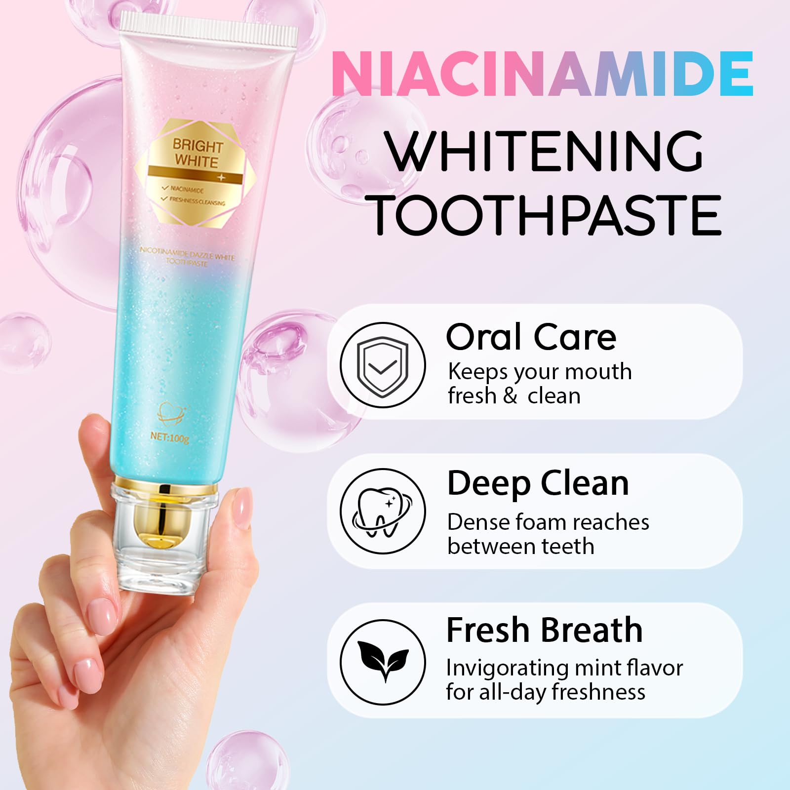 Niacinamide Whitening Toothpaste tube with peach flavor label