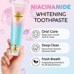 Niacinamide Whitening Toothpaste tube with peach flavor label