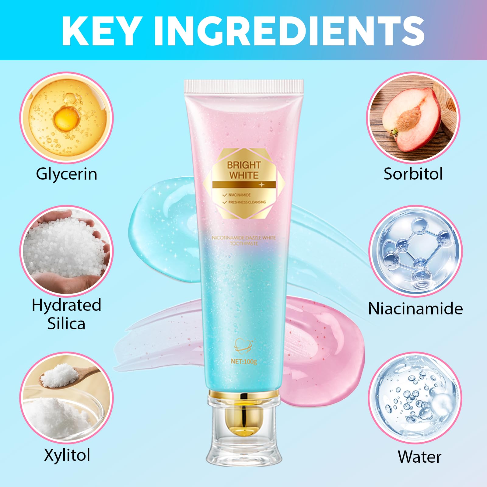Dollop of peach-flavored toothpaste on a toothbrush