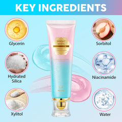 Dollop of peach-flavored toothpaste on a toothbrush