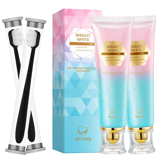 Packaging of Niacinamide Whitening Toothpaste with triple whitening benefits