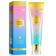 Niacinamide Whitening Toothpaste tube with Mint-Peach label
