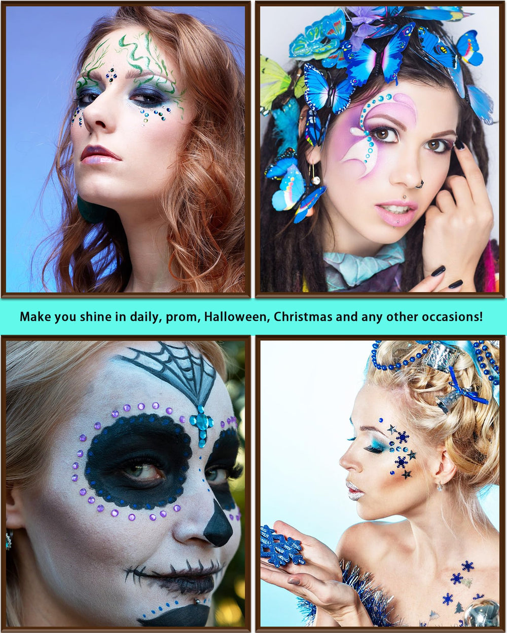 NIACONN lake blue gems on nails and hair enhance creative makeup