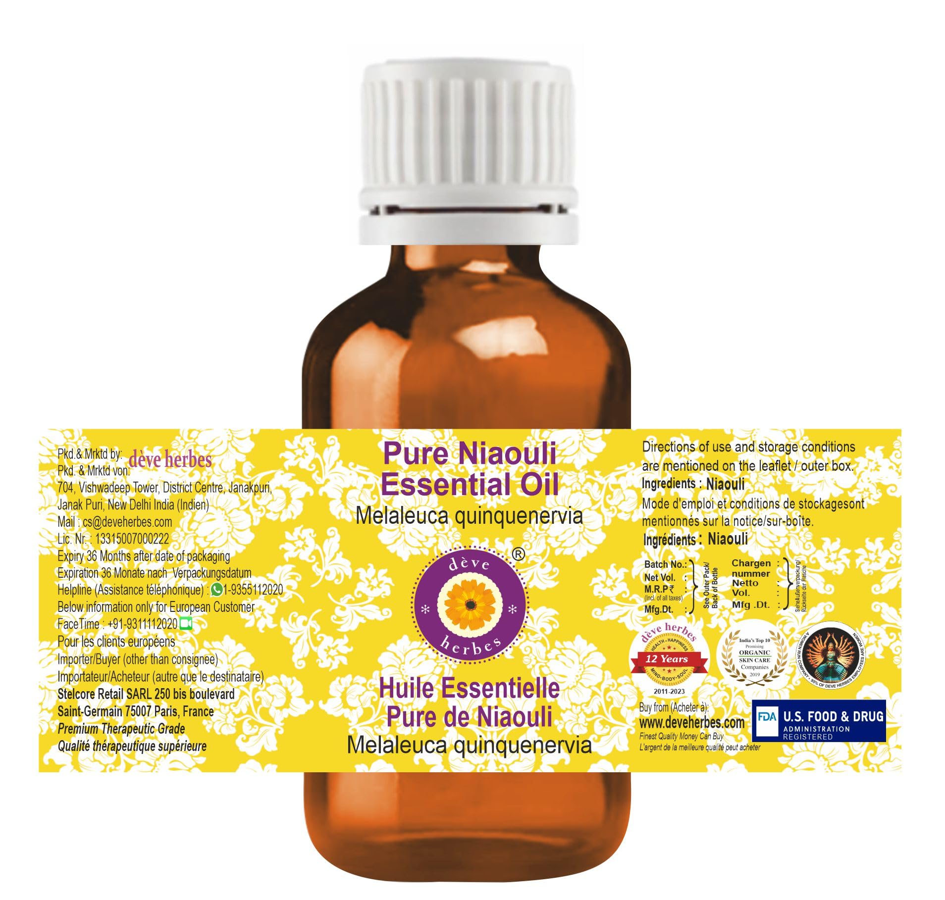Label for Melaleuca quinquenervia Niaouli essential oil in amber bottle