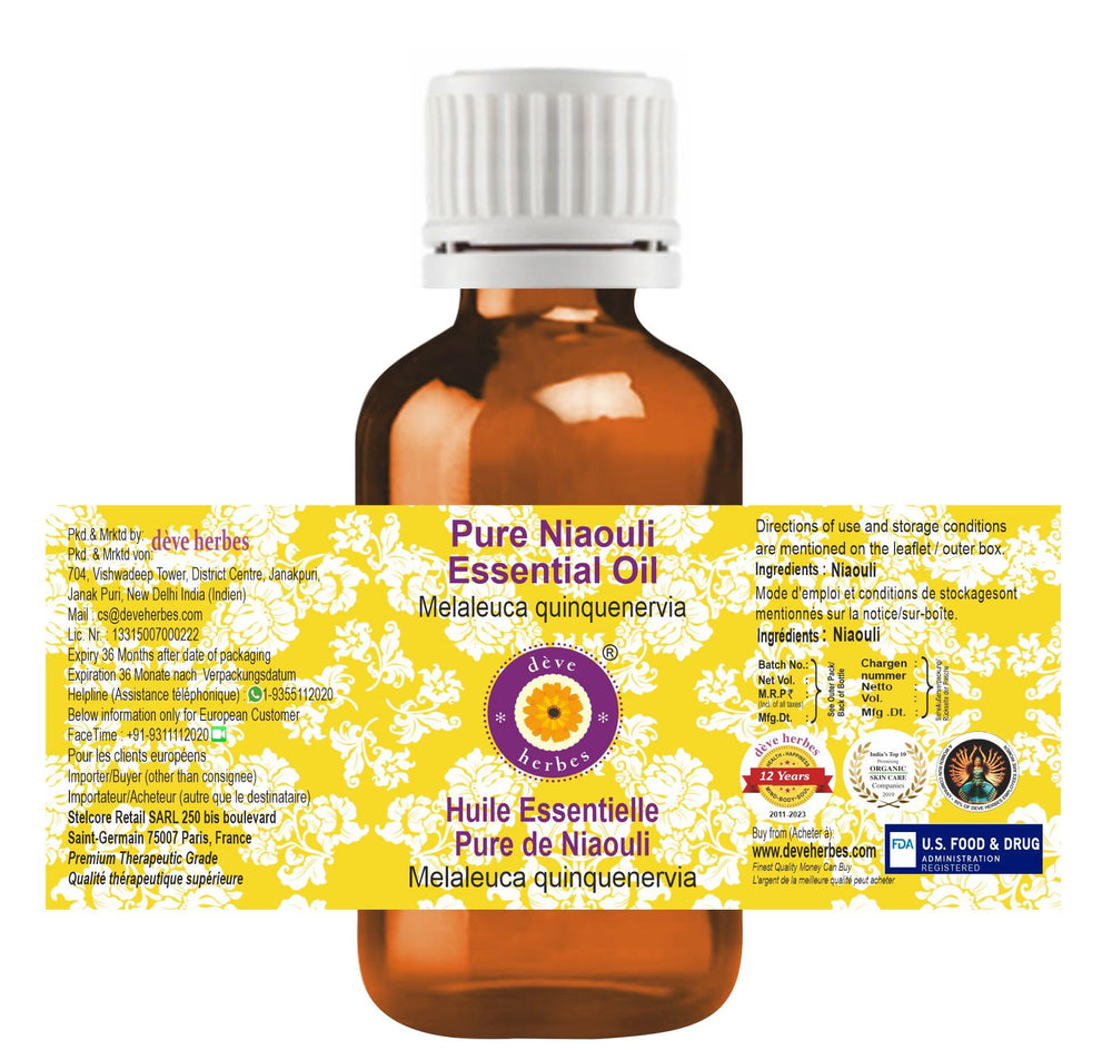 Label for Melaleuca quinquenervia Niaouli essential oil in amber bottle