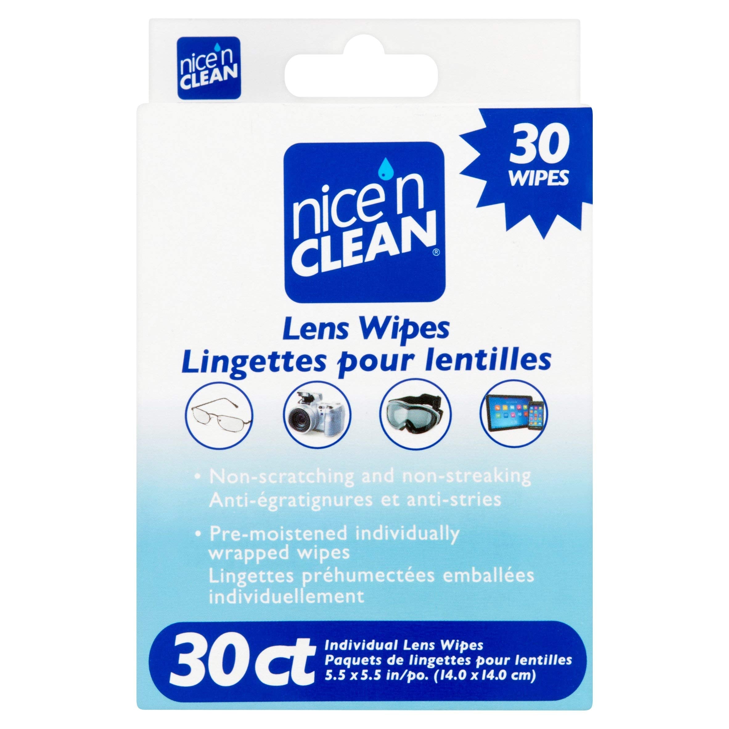 Nice 'N Clean 30 Lens Wipes — pre-moistened, non-scratching, anti-fog, safe for glasses and screens